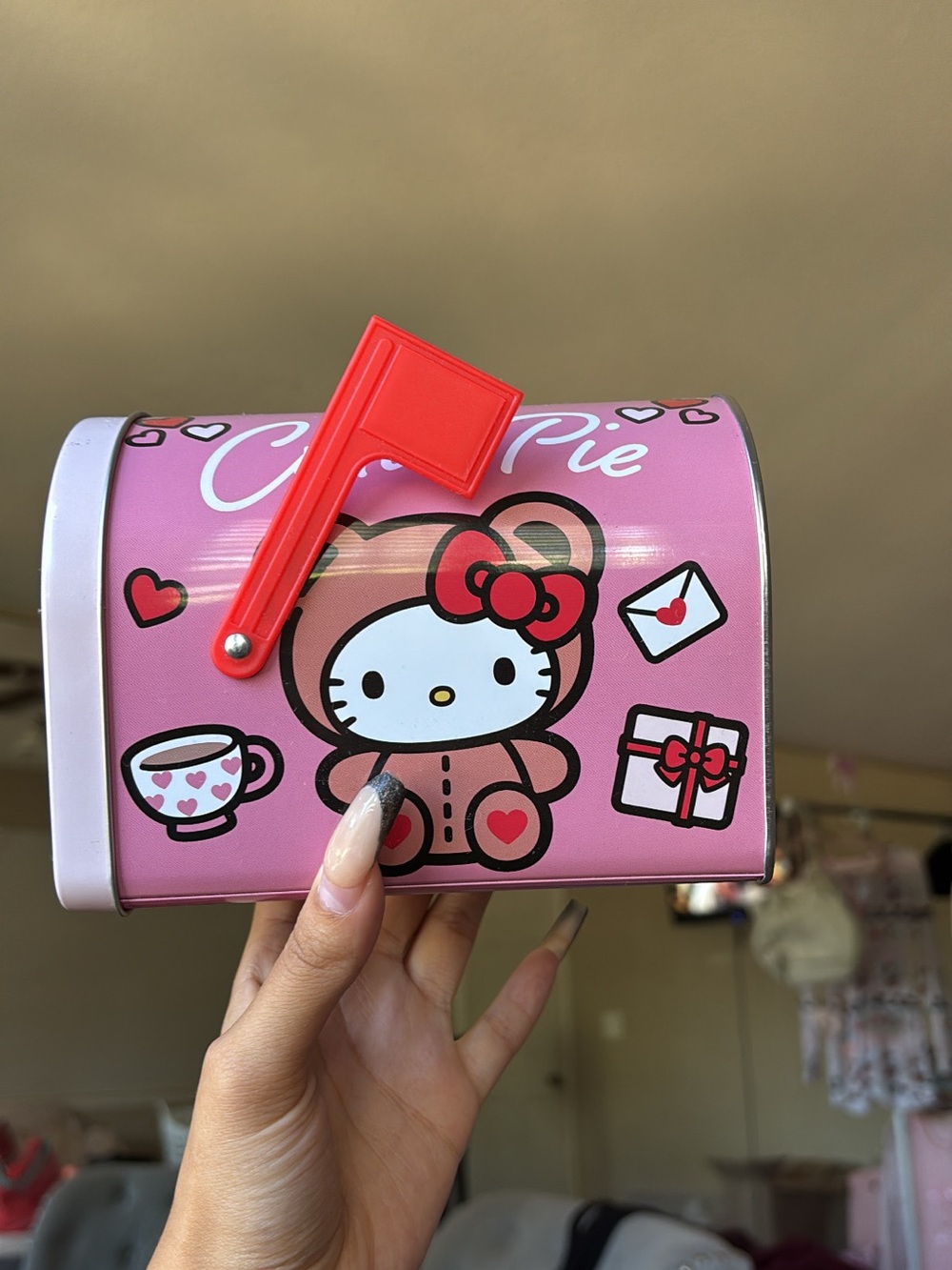 Sanrio Hello Kitty Pink Tin Mailbox with Red Flag